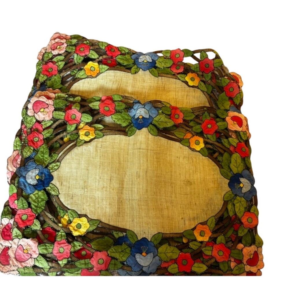 Vintage Floral Applique Linen Placemats Set of 8 Hand Embroidered Cutwork